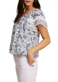 Petite Short Sleeve Printed Peasant Top