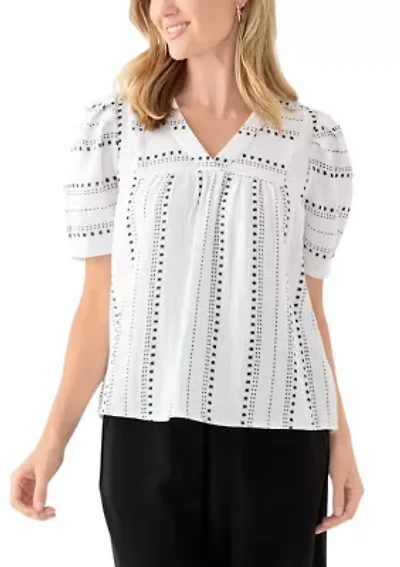 Petite Puff Sleeve Printed V-Neck Top