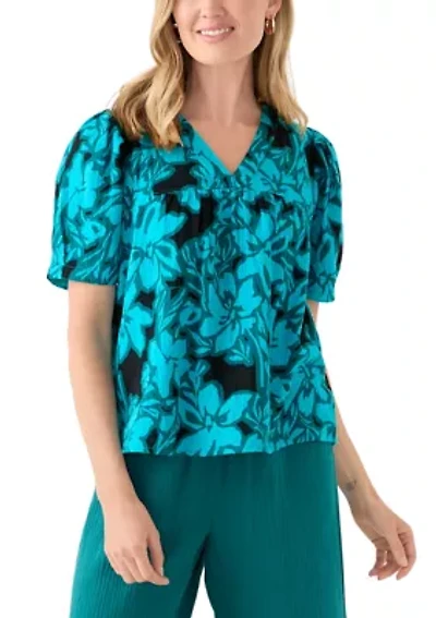 Petite Puff Sleeve Tropical Print Top