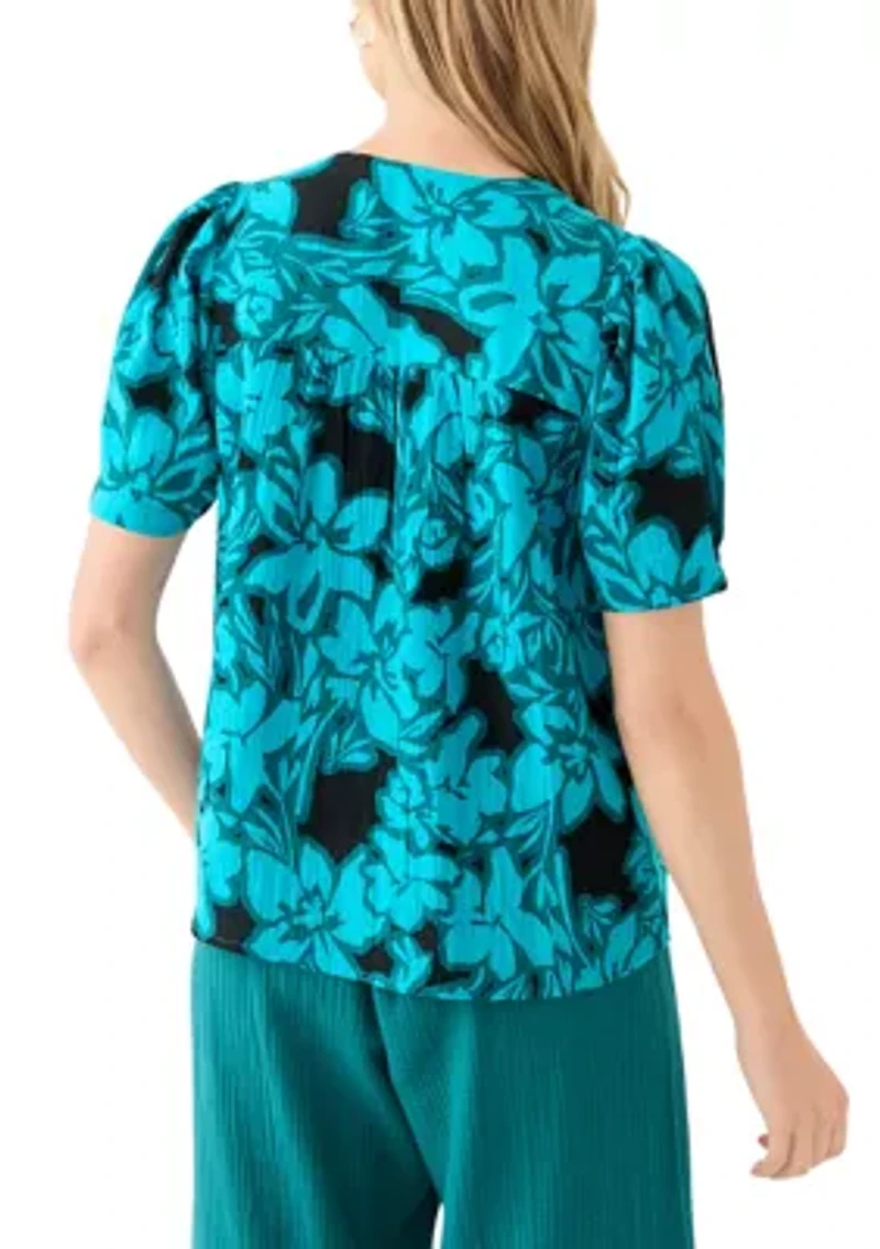 Petite Puff Sleeve Tropical Print Top