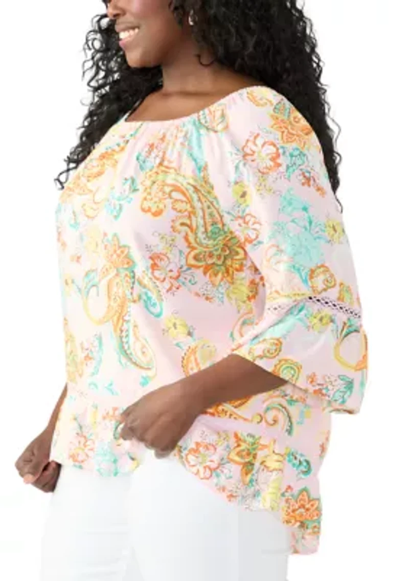 Plus Off The Shoulder Printed Woven Top