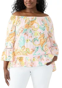 Plus Off The Shoulder Printed Woven Top