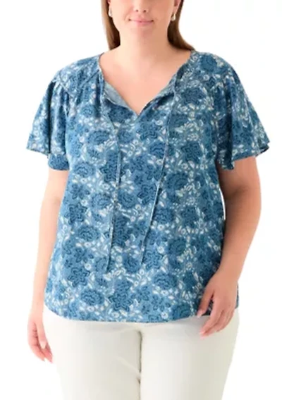 Plus Printed Peasant Top