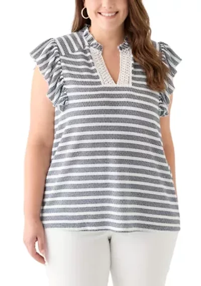 Plus Flutter Sleeve Stripe Knit Gauze Top