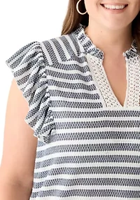 Plus Flutter Sleeve Stripe Knit Gauze Top