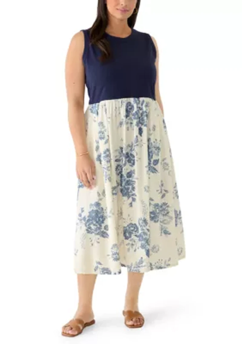Plus Sleeveless Knit Woven Midi Dress