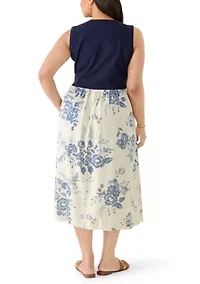 Plus Sleeveless Knit Woven Midi Dress