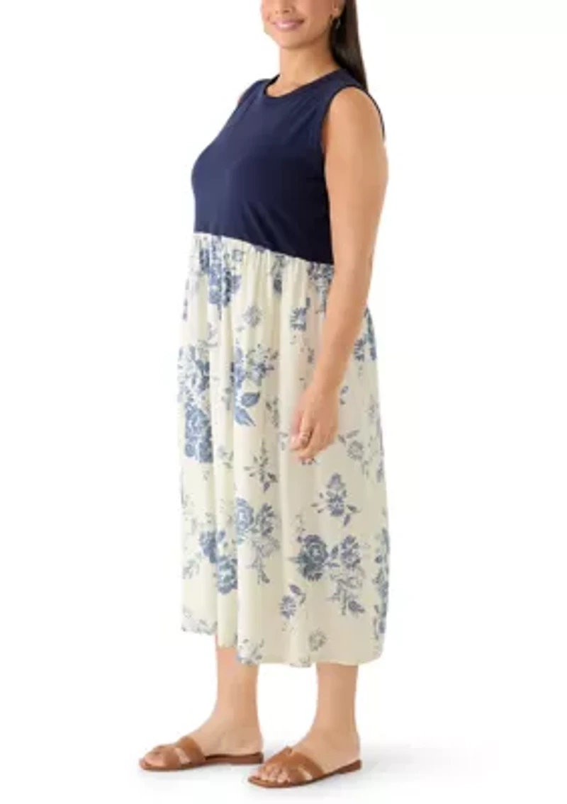 Plus Sleeveless Knit Woven Midi Dress