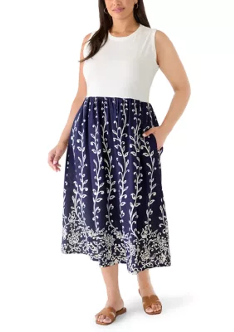 Plus Sleeveless Knit Woven Midi Dress