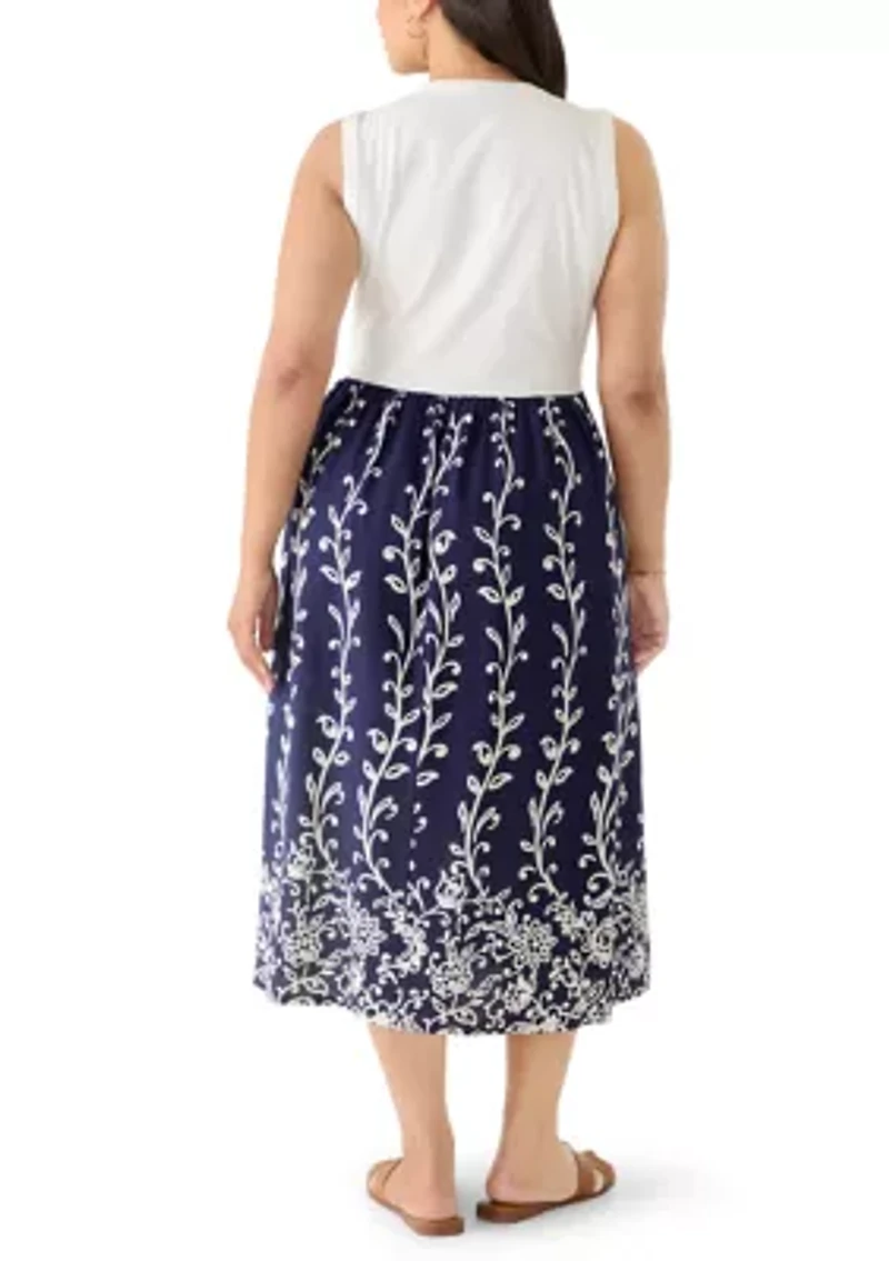 Plus Sleeveless Knit Woven Midi Dress