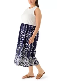 Plus Sleeveless Knit Woven Midi Dress