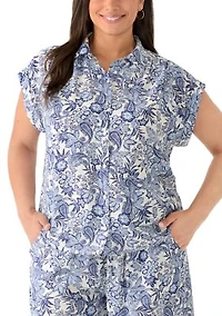 Plus Short Sleeve Printed Button Down Shirt