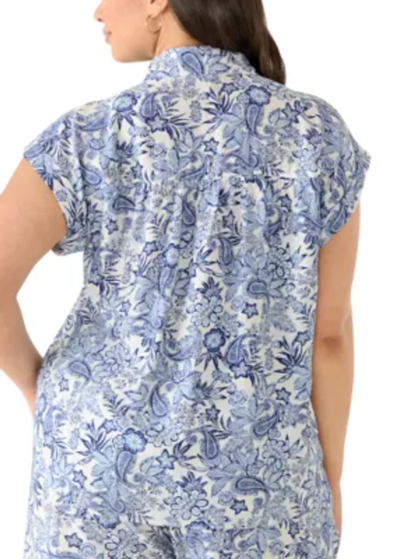 Plus Short Sleeve Printed Button Down Shirt