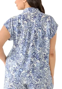 Plus Short Sleeve Printed Button Down Shirt
