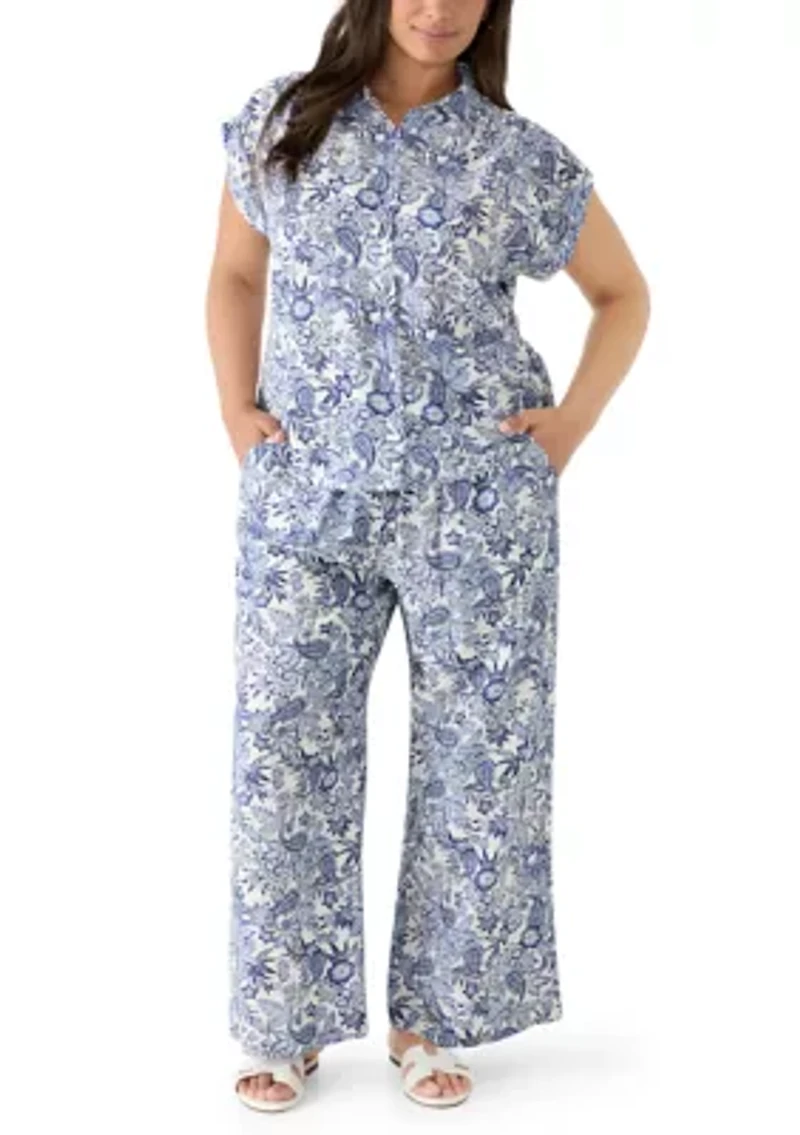 Plus Short Sleeve Printed Button Down Shirt