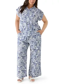 Plus Short Sleeve Printed Button Down Shirt