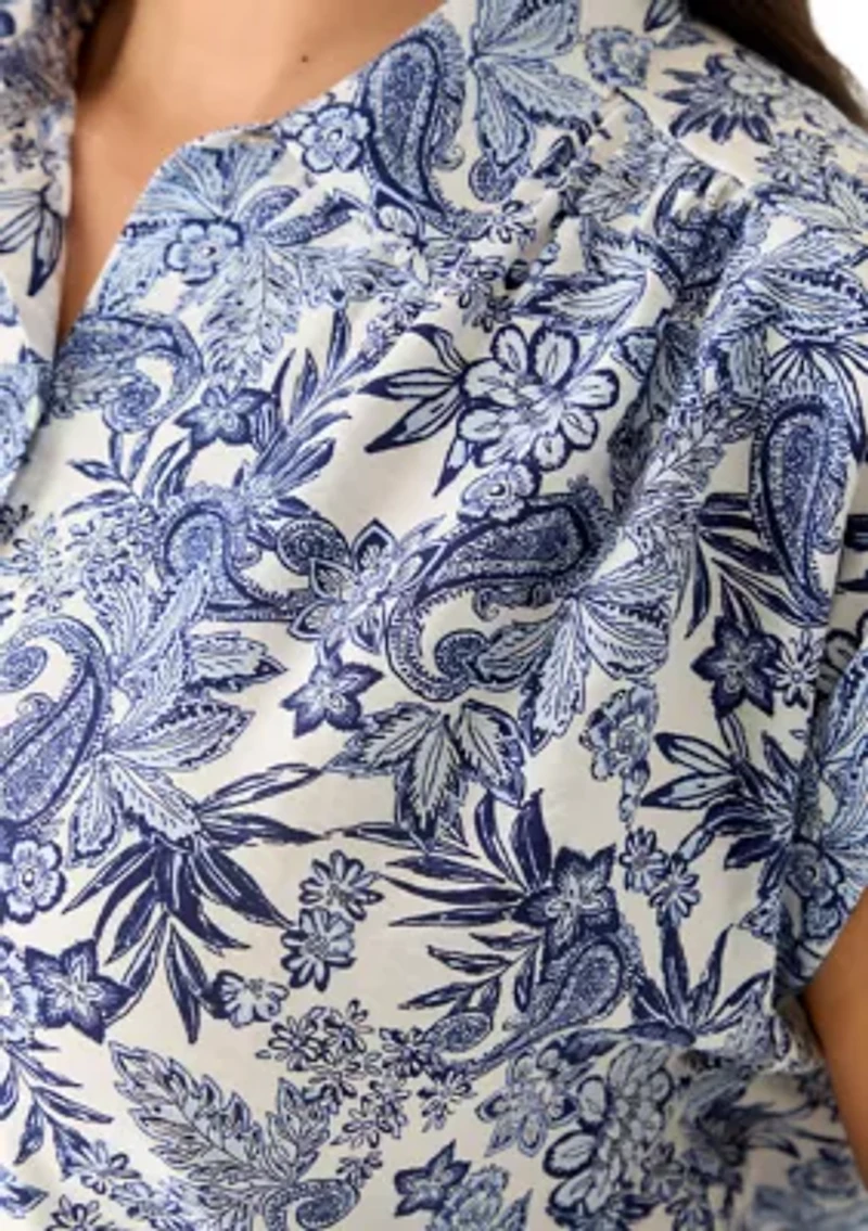 Plus Short Sleeve Printed Button Down Shirt