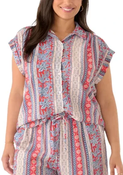 Women's Sleeveless Printed Button Down Shirt