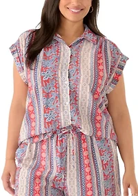 Women's Sleeveless Printed Button Down Shirt