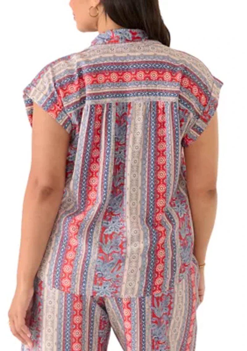 Women's Sleeveless Printed Button Down Shirt