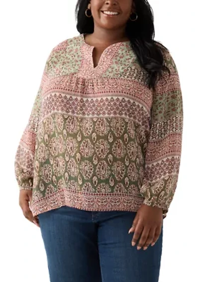 Plus 3/4 Lurex Printed Woven Blouse