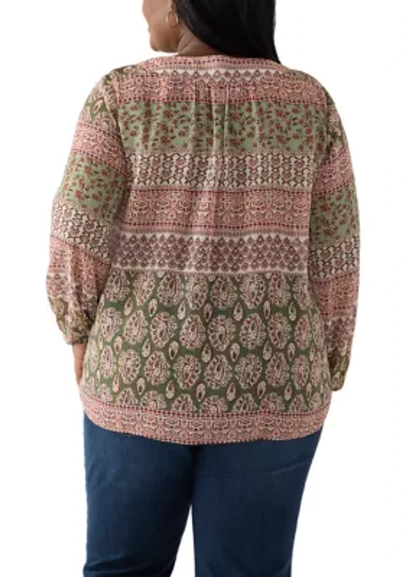 Plus 3/4 Lurex Printed Woven Blouse