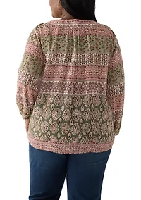 Plus 3/4 Lurex Printed Woven Blouse