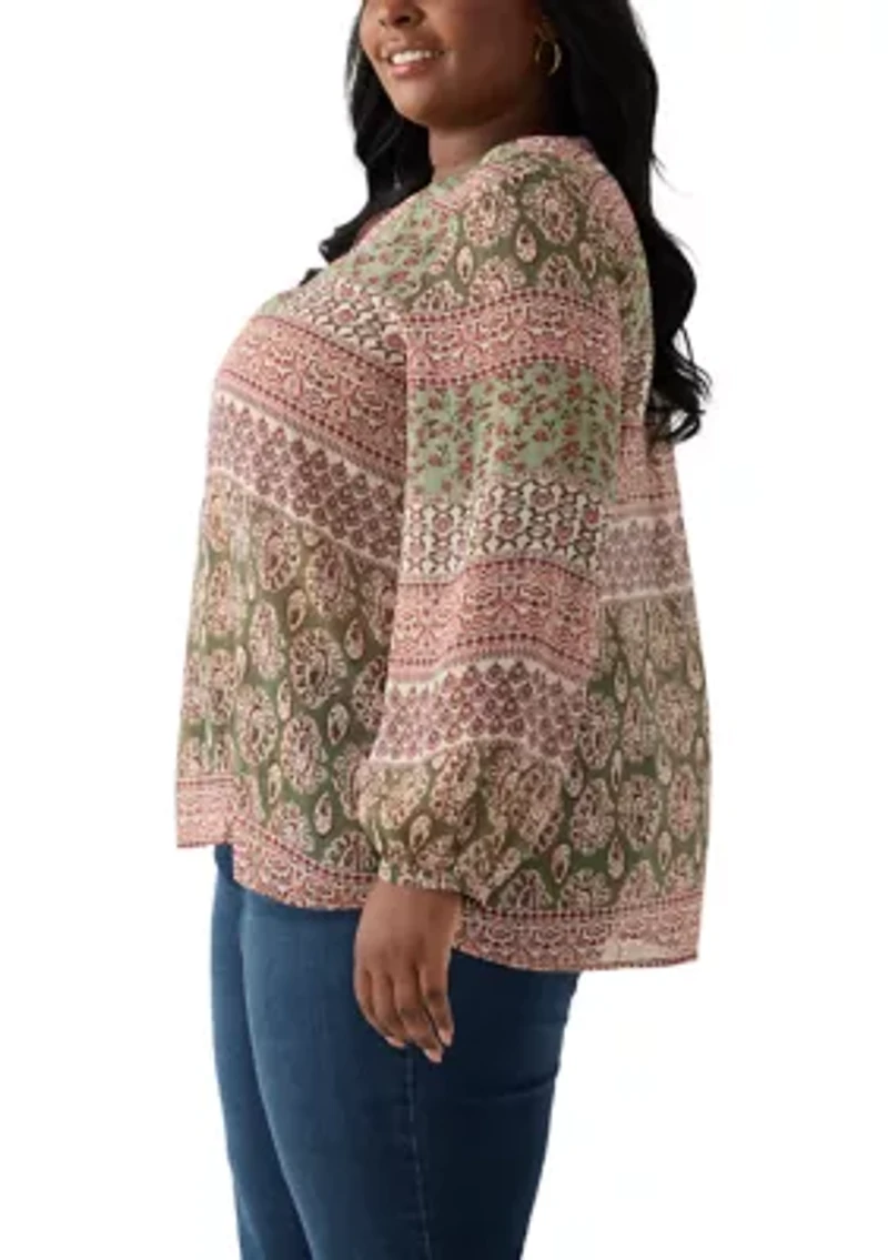 Plus 3/4 Lurex Printed Woven Blouse
