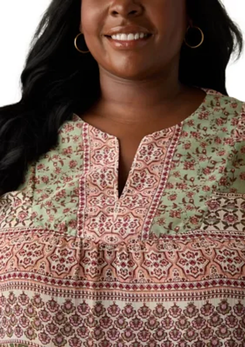 Plus 3/4 Lurex Printed Woven Blouse