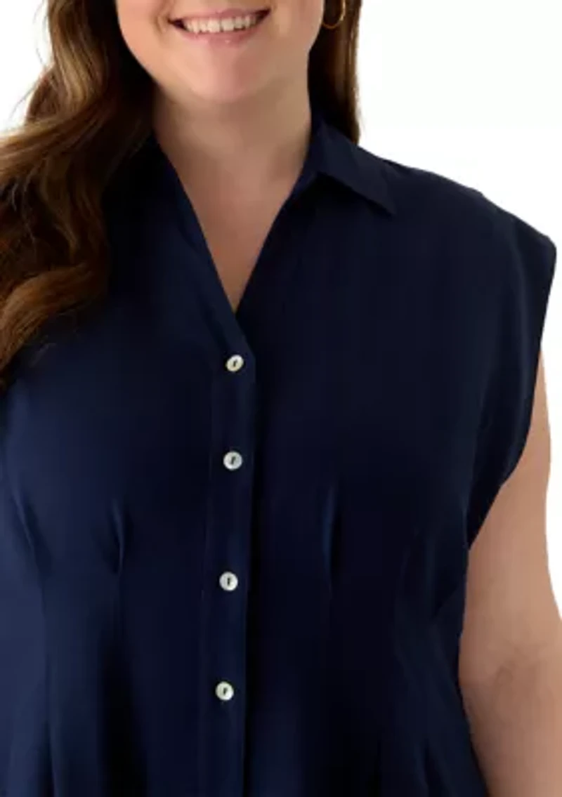 Plus Short Sleeve Seamed Front Shirt Dress