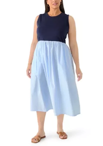 Plus Sleeveless Knit-Woven Striped Midi Dress