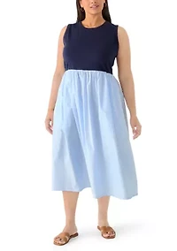 Plus Sleeveless Knit-Woven Striped Midi Dress