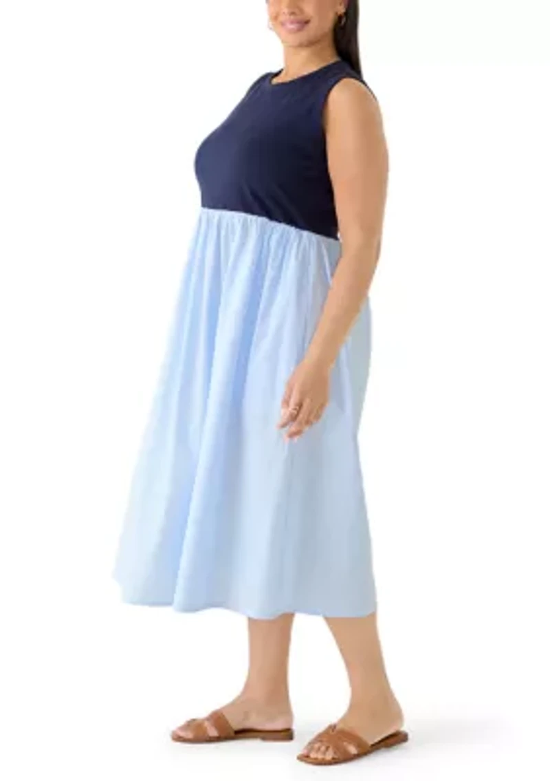Plus Sleeveless Knit-Woven Striped Midi Dress