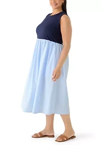 Plus Sleeveless Knit-Woven Striped Midi Dress