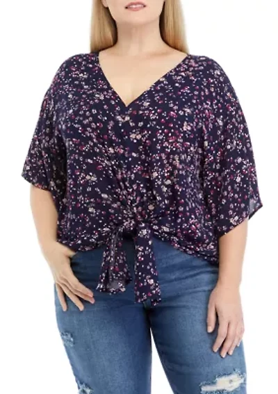 Plus Short Dolman Sleeve Tie Front Top