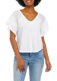 Juniors' Short Flutter Sleeve V-Neck Top