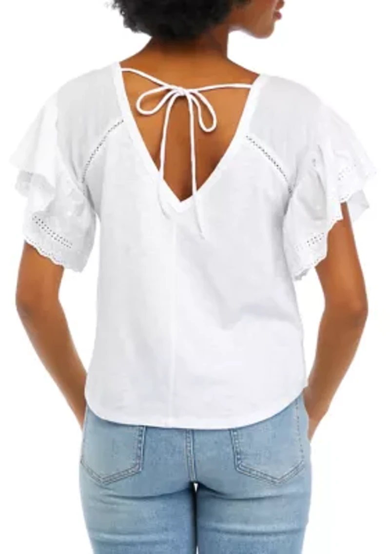 Juniors' Short Flutter Sleeve V-Neck Top