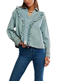 We The Free Tattered And Ruffled Denim Top