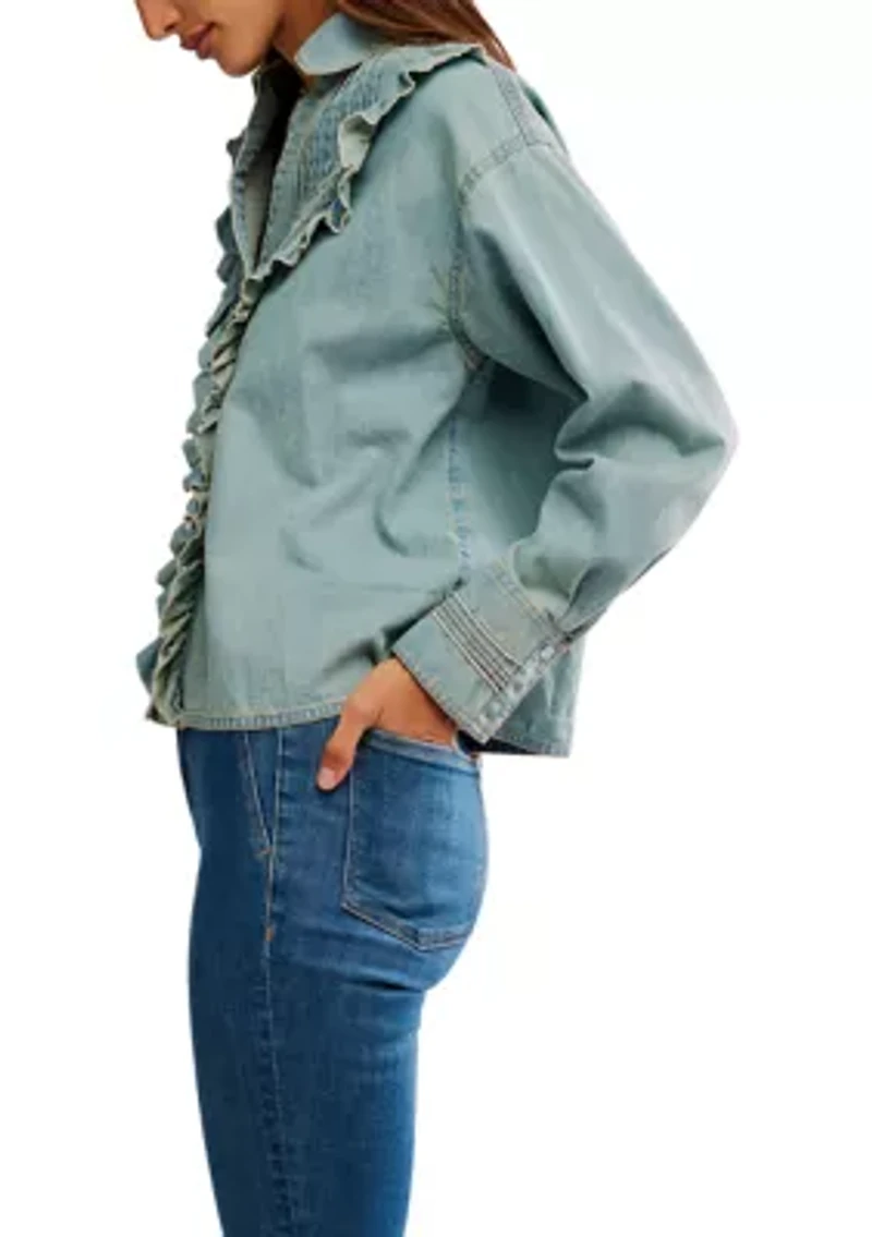 We The Free Tattered And Ruffled Denim Top