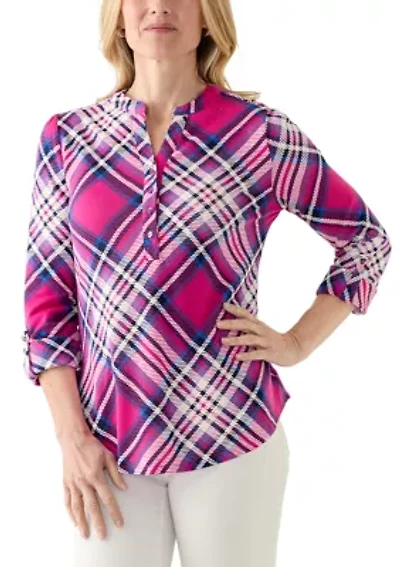 Women's Three-Quarter Sleeve Core Hacci Henley Printed Top