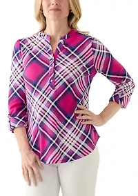 Women's Three-Quarter Sleeve Core Hacci Henley Printed Top