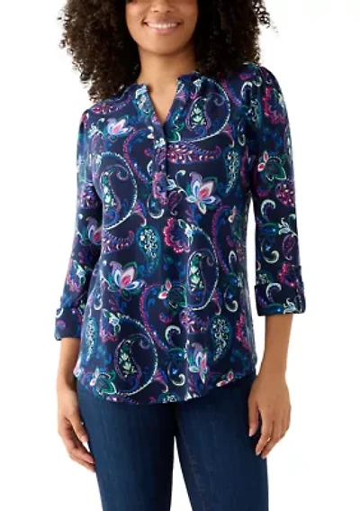 3/4 Sleeve Hacci Henley Printed Top