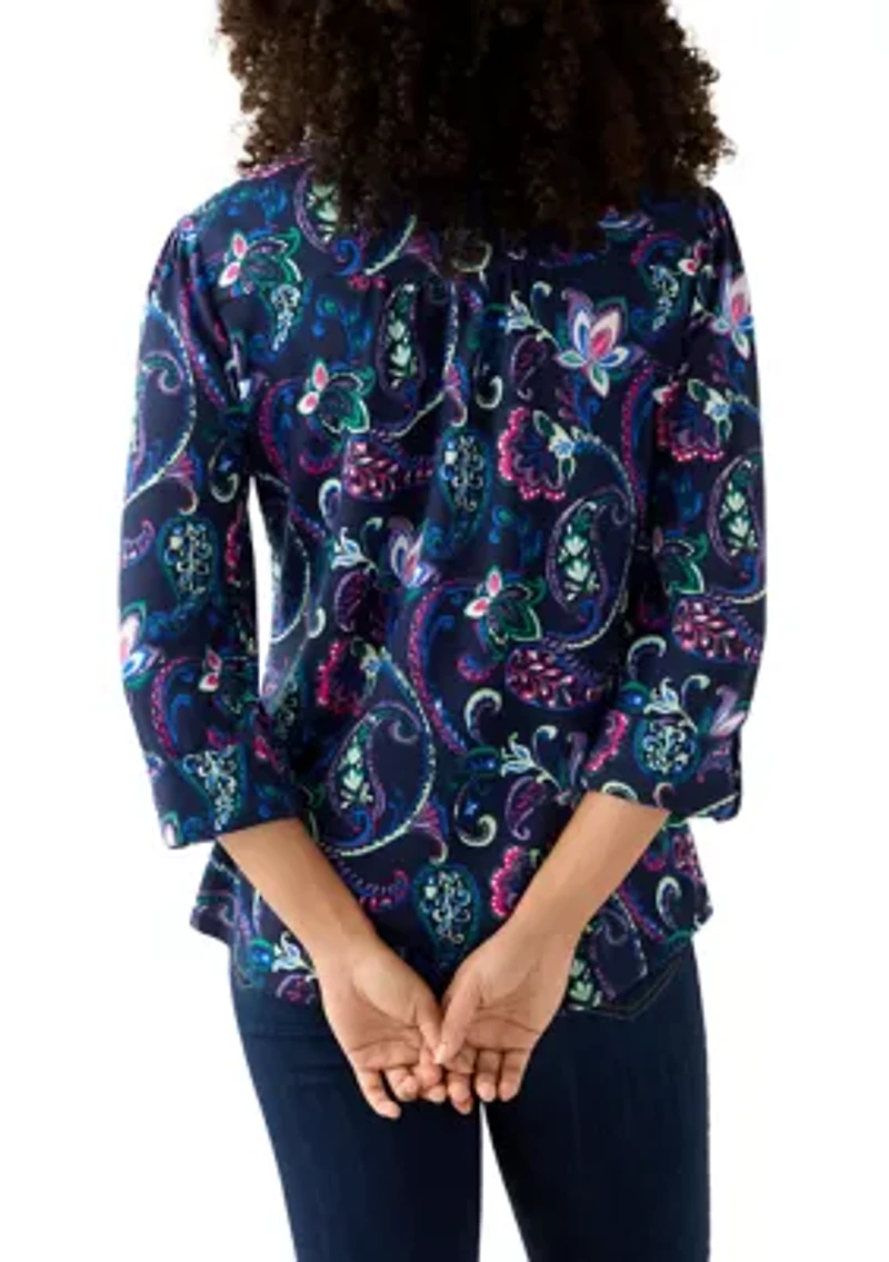 3/4 Sleeve Hacci Henley Printed Top