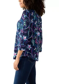3/4 Sleeve Hacci Henley Printed Top