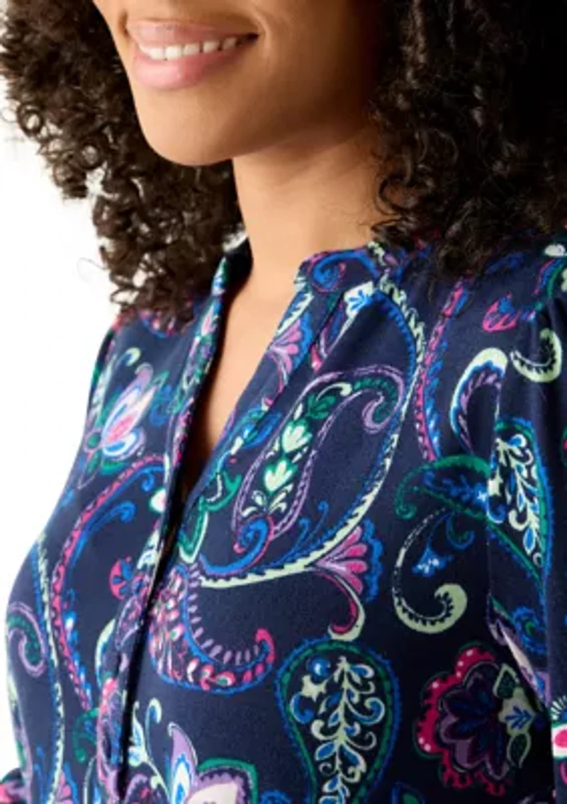 3/4 Sleeve Hacci Henley Printed Top