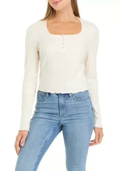 Juniors' Long Sleeve Ribbed Henley Shirt