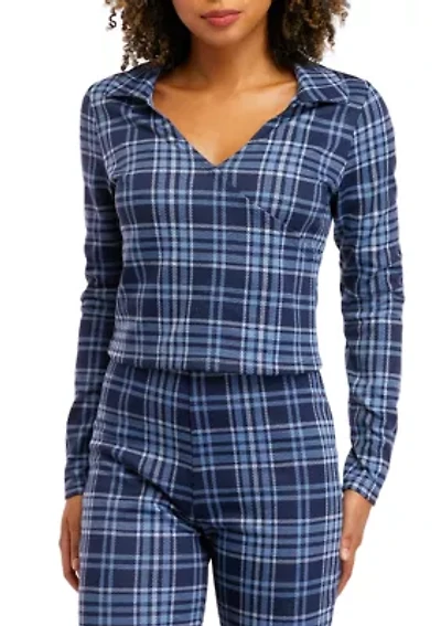 Juniors' Long Sleeve Double Knit Collared Top