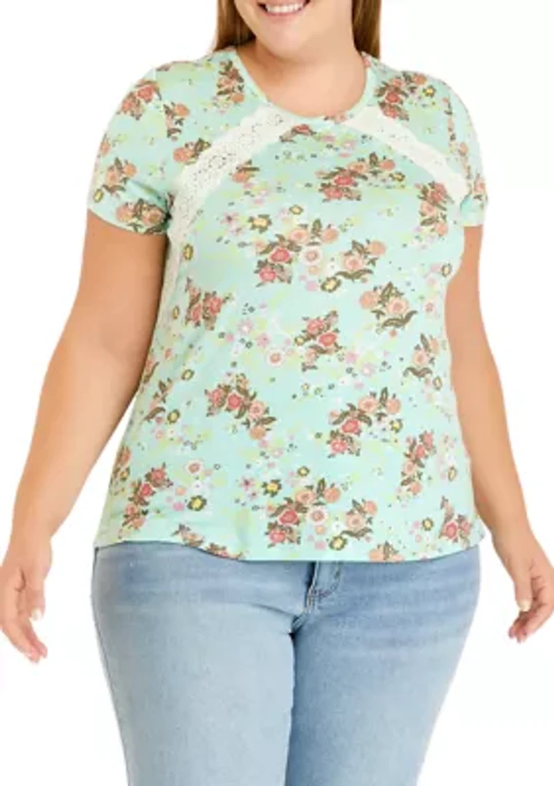 Plus Short Sleeve High Low Crochet Inset Top