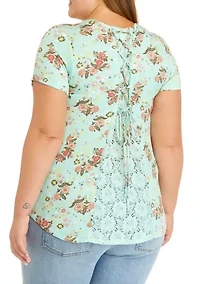 Plus Short Sleeve High Low Crochet Inset Top