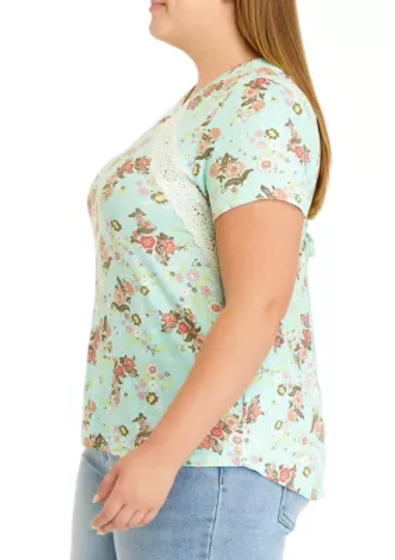 Plus Short Sleeve High Low Crochet Inset Top